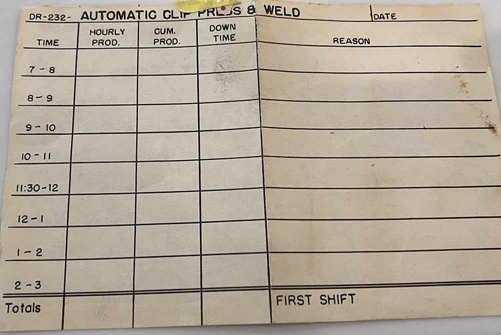 Delco Remy production tally sheet from the 1960's - Park Avenue Solutions