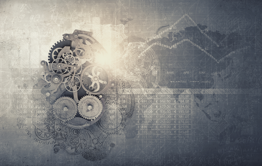 Cogwheels and gears mechanism on digital business background